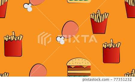 Seamless endless pattern of different delicious hearty hot fries, hamburgers, fast food chicken legs on an orange background. Texture 77351232