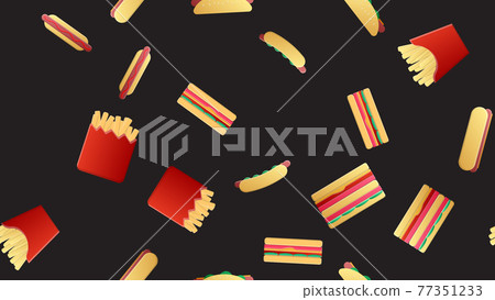 Seamless endless pattern of assorted delicious satisfying hot hot dogs, sandwiches, fast food fries on a black background. Texture Seamless endless pattern of assorted delicious satisfying hot hot dogs, sandwiches, fast food fries on a black background. Texture 77351233