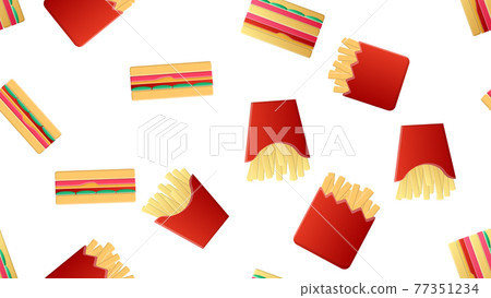 Seamless endless pattern of different delicious hearty hot sandwiches, fast food fries on a white background. Texture Seamless endless pattern of different delicious hearty hot sandwiches, fast food fries on a white background. Texture 77351234