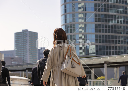 Back view of a walking woman commuting in the morning Back view of a walking woman commuting in the morning 77352648