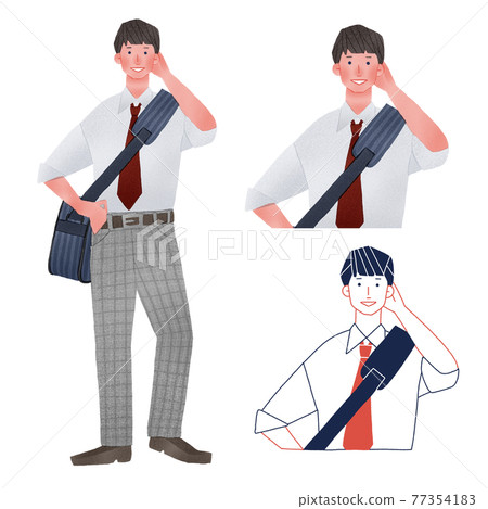 Full-body hand-drawn illustration of a high school boy with a sports bag Full-body hand-drawn illustration of a high school boy with a sports bag 77354183