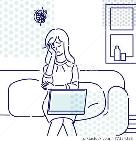 Telework living room worried woman 77354358