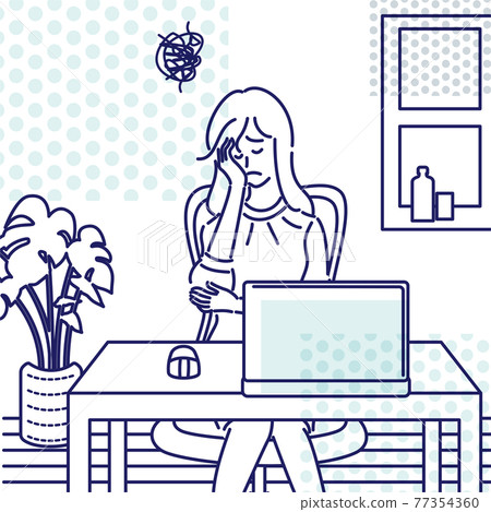 Telework living room worried woman 77354360
