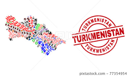 Turkmenistan Textured Watermark and Turkmenistan Map Collage of Different Symbols 77354954