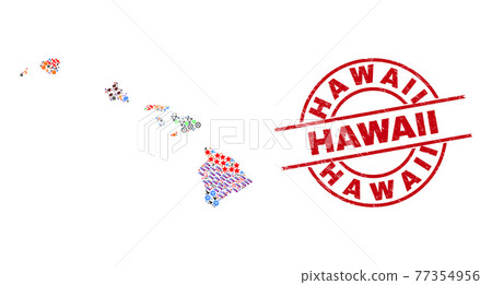 Hawaii Distress Badge and Hawaii State Map Collage of Different Symbols 77354956