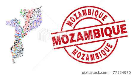 Mozambique Scratched Seal and Mozambique Map Collage of Different Items Mozambique Scratched Seal and Mozambique Map Collage of Different Items 77354970