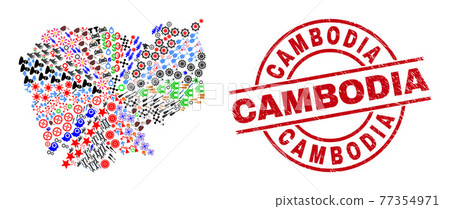Cambodia Scratched Watermark and Cambodia Map Collage of Different Symbols 77354971