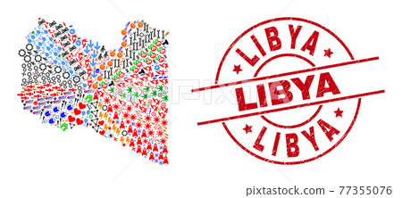Libya Grunge Seal and Libya Map Collage of Different Symbols Libya Grunge Seal and Libya Map Collage of Different Symbols 77355076