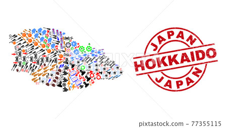 Japan Hokkaido Textured Seal and Gozo Island Map Collage of Different Pictograms 77355115