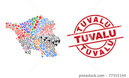 Tuvalu Grunge Stamp and Saarland Land Map Collage of Different Pictograms 77355144