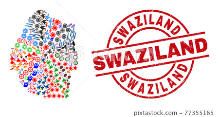 Swaziland Grunge Badge and Swaziland Map Collage of Different Icons 77355165