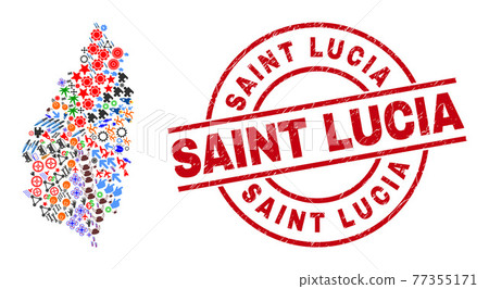 Saint Lucia Scratched Seal Stamp and Saint Lucia Island Map Mosaic of Different Symbols Saint Lucia Scratched Seal Stamp and Saint Lucia Island Map Mosaic of Different Symbols 77355171