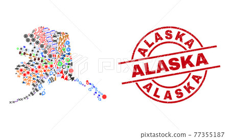 Alaska Distress Stamp Seal and Alaska Map Mosaic of Different Pictograms Alaska Distress Stamp Seal and Alaska Map Mosaic of Different Pictograms 77355187