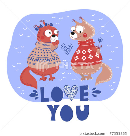 LOVE SQUIRREL Valentine Day Holiday Cartoon Animal Hand Drawn Flat Style Clip Art Vector Illustration Set For Print 77355865