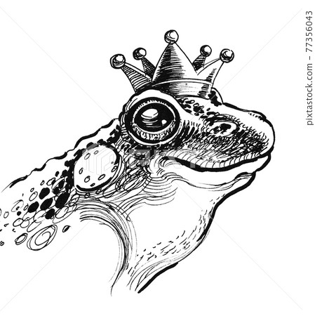 Queen frog in crown. Ink black and white drawing Queen frog in crown. Ink black and white drawing 77356043