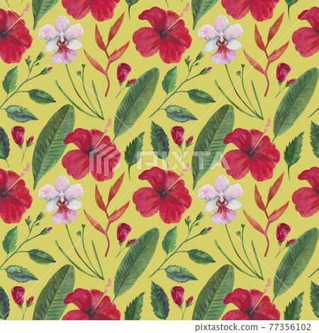Tropical seamless pattern with red hibiscus flowers, orchids and leaves. Watercolor illustration. 77356102