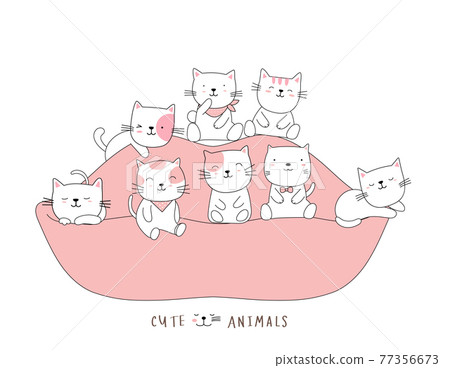 Cartoon sketch the cute cat baby animal on the sofa. Hand-drawn style. 77356673