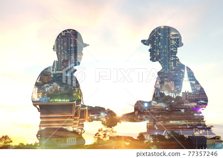 Engineers discussion with architects work planing in construction site 77357246