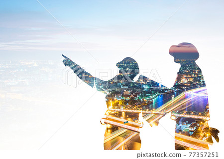 Engineers discussion with architects work planing in construction site 77357251