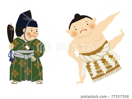 體育插圖素材。相撲剪貼畫。摔跤手和行治。 77357508