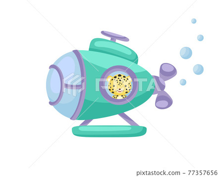 Cute little jaguar sail on emerald submarine. Cartoon character for childrens book, album, baby shower, greeting card, party invitation, house interior. Vector stock illustration. Cute little jaguar sail on emerald submarine. Cartoon character for childrens book, album, baby shower, greeting card, party invitation, house interior. Vector stock illustration. 77357656