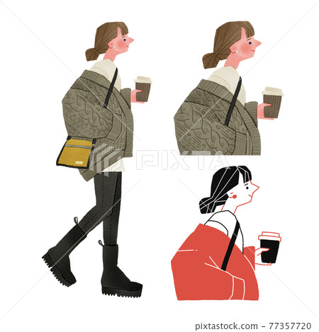 Fashionable young woman walking with a coffee cup full body hand-drawn illustration 77357720