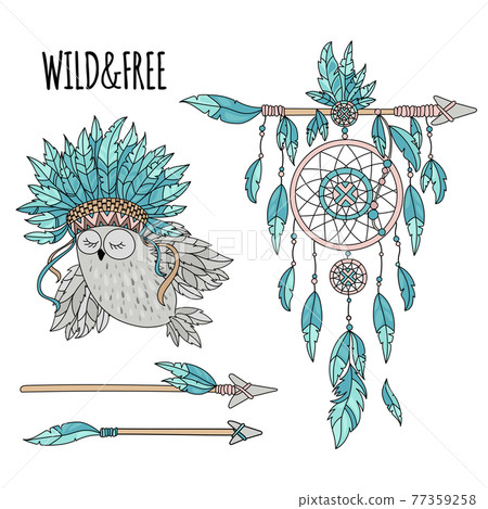 INDIANS FREEDOM Cartoon American Native Warrior Hero Attributes Vector Illustration Set For Print INDIANS FREEDOM Cartoon American Native Warrior Hero Attributes Vector Illustration Set For Print 77359258