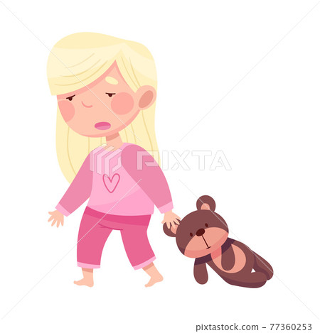 Sleepy Little Girl in Pajamas Pulling Teddy Bear and Yawning Vector Illustration Sleepy Little Girl in Pajamas Pulling Teddy Bear and Yawning Vector Illustration 77360253