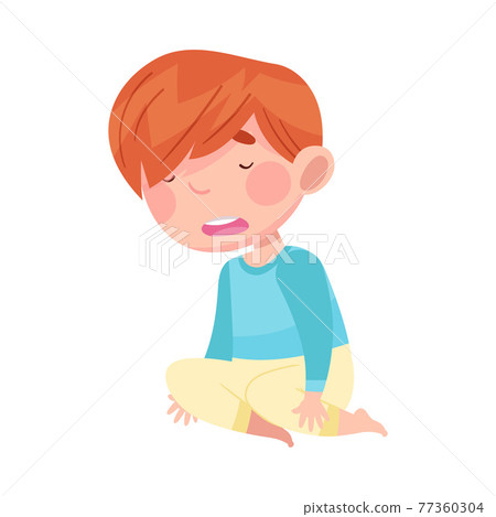 Sleepy Little Boy Wearing Pajamas Sitting on the Floor and Yawning Vector Illustration 77360304