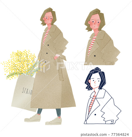 含羞草時尚風衣 時尚年輕女性身材全身手繪插畫 77364824