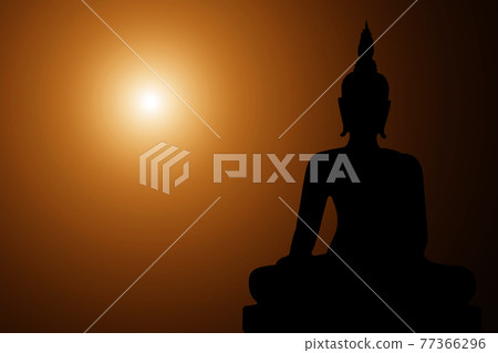 Silhouette Buddha on golden sunset background. Silhouette Buddha on golden sunset background. 77366296