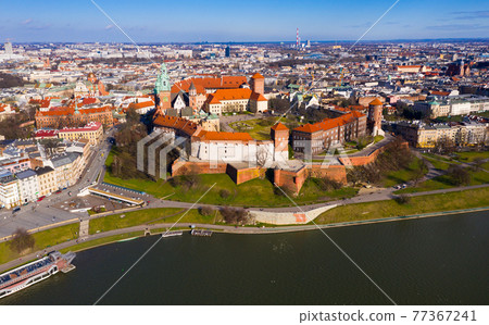 Aerial view of Wawel Hill with Castle complex, Krakow, Poland Aerial view of Wawel Hill with Castle complex, Krakow, Poland 77367241