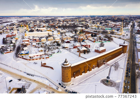 Aerial view of snow covered Kolomna cityscape with Kremlin Aerial view of snow covered Kolomna cityscape with Kremlin 77367243