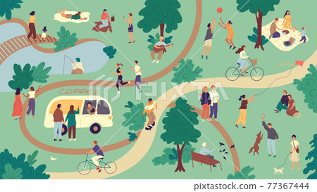 People spend their free time in a summer park on a weekend day 77367444