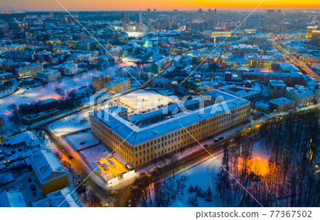 Aerial view of snow covered Ryazan at winter twilight 77367502