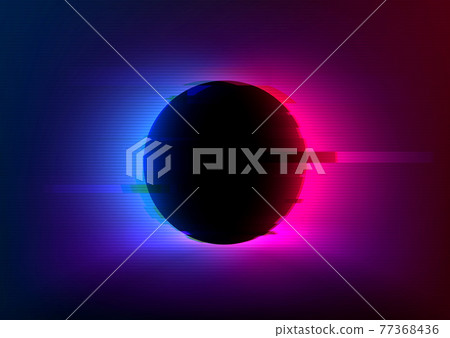 VHS glitch effect background with vivid neon blue pink light behind the black circle. Eclipse concept. Design of banner, poster for cybersport, and advertising VHS glitch effect background with vivid neon blue pink light behind the black circle. Eclipse concept. Design of banner, poster for cybersport, and advertising 77368436