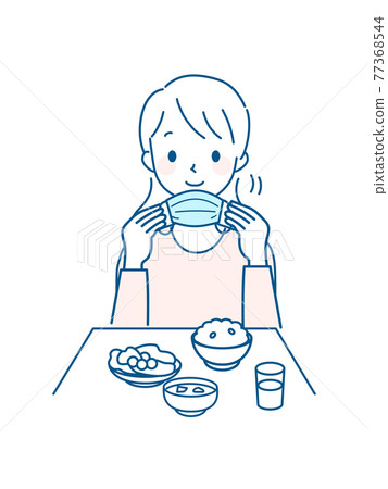 Illustration of a woman removing a mask before eating Illustration of a woman removing a mask before eating 77368544