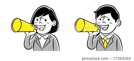 Monochrome illustrations of men and women who support with a megaphone 77369268