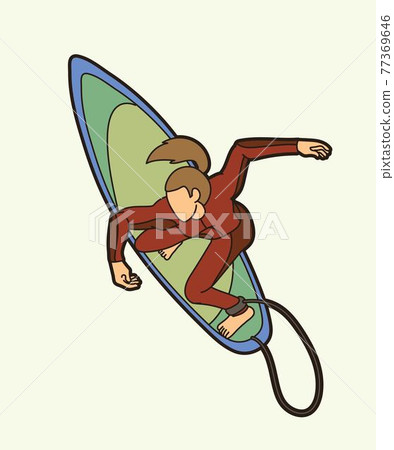 Surfer Surfing Sport Female Player Action Cartoon Graphic Vector 77369646