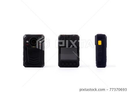 Officer body cam. Personal Wearable Video Recorder, Portable DVR, camera isolated on white background. Closeup, front view, back view, side view. 77370693