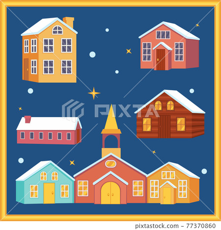 Colorful cartoon xmas night town houses set Colorful cartoon xmas night town houses set 77370860