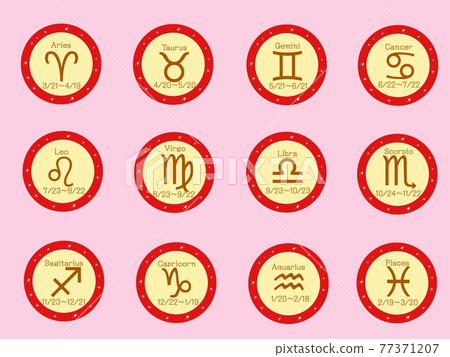 Red ring 12 constellation icon set with pink background Red ring 12 constellation icon set with pink background 77371207