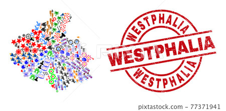 Westphalia Grunge Seal and Altai Republic Map Collage of Different Symbols 77371941