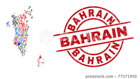 Bahrain Distress Stamp Seal and Bahrain Map Mosaic of Different Pictograms 77371950