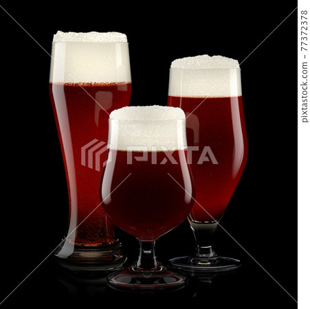 Set of fresh stout beer glasses with bubble froth isolated on black background. Set of fresh stout beer glasses with bubble froth isolated on black background. 77372378