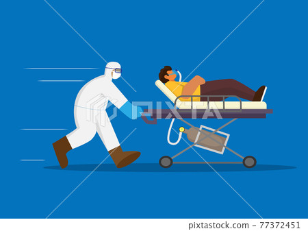 Staff in PPE gown with COVID-19 patient move emergency bed to ICU Medical Flat Style, illustration. 77372451
