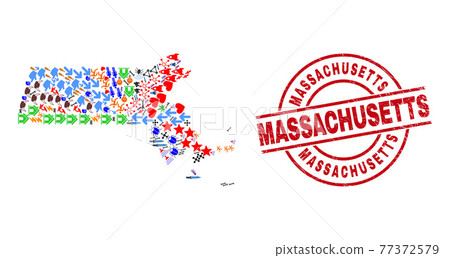 Massachusetts Grunge Seal and Massachusetts State Map Collage of Different Icons 77372579