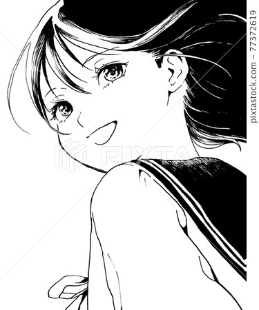 一個女孩回頭看的單色插圖 77372619