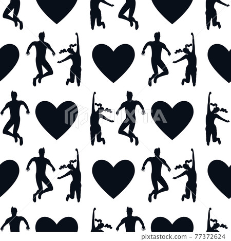 Seamless pattern with silhouettes of young happy couple in jumping poses with hearts. 77372624