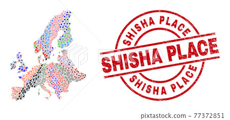 Shisha Place Textured Seal Stamp and European Union Map Mosaic of Different Pictograms Shisha Place Textured Seal Stamp and European Union Map Mosaic of Different Pictograms 77372851